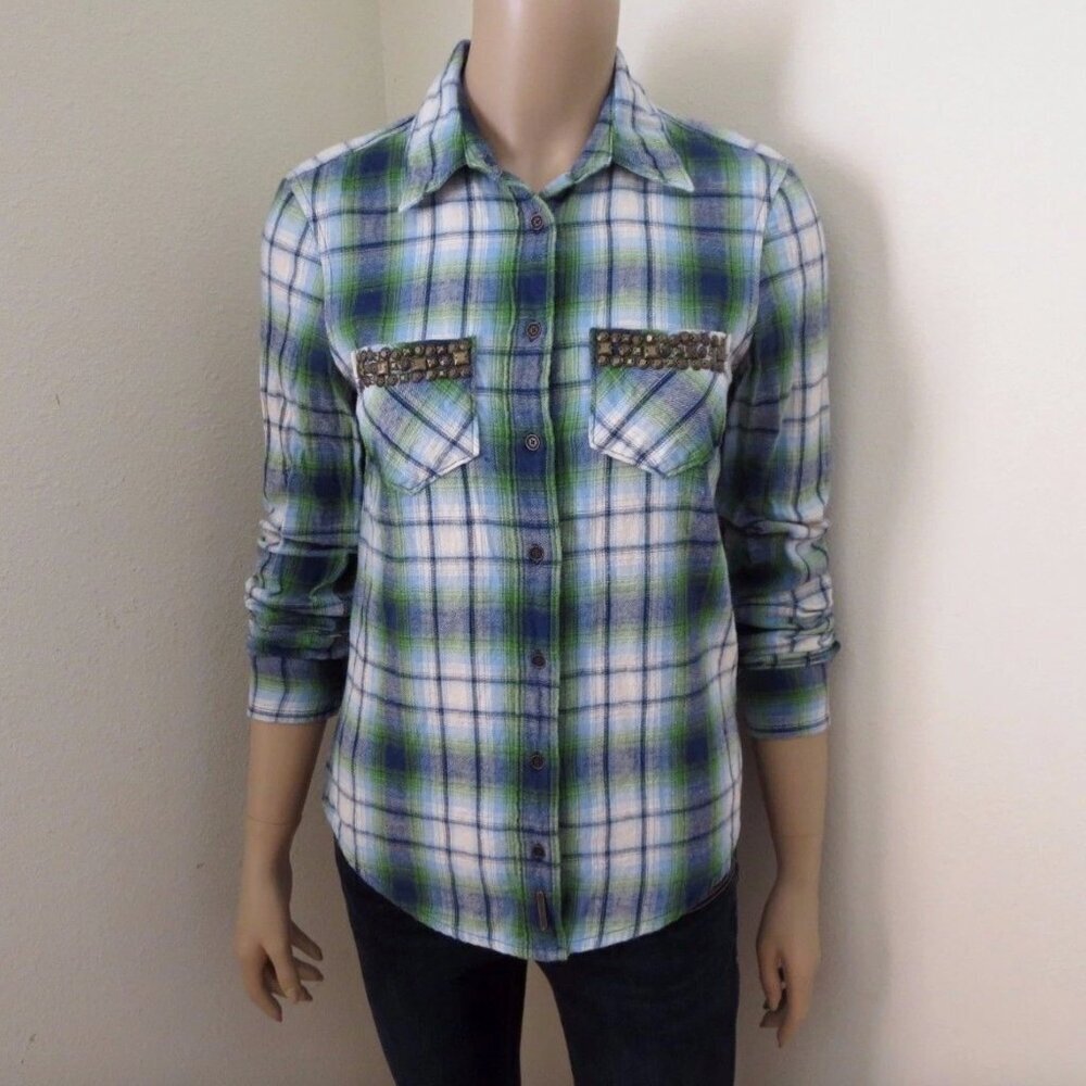 Abercrombie Womens Plaid Flannel Shirt Size XS Top Studded Pocket Blue & Green